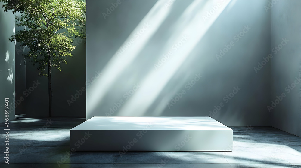 Poster a minimalist indoor space with a platform and natural light filtering through.
