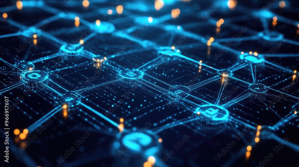 Poster a digital interface showing blockchain technology and cryptocurrency transactions, with glowing conn