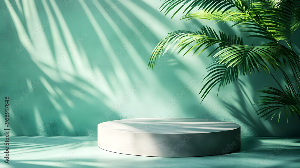 Poster a minimalistic setting with a circular platform and lush green palm leaves against a mint backdrop.