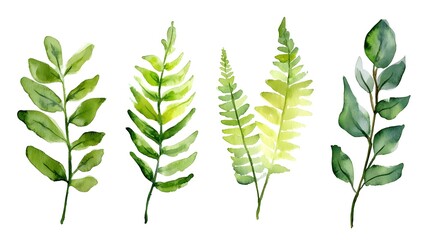Fototapeta premium Watercolor Fern Leaf Collection, Botanical Illustration, Green, Nature, Watercolor Painting, Fern, Leaf