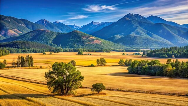 Square crop landscape of Applegate Valley Southern Oregon in summer with golden dry field and green and purple mountains leading lines