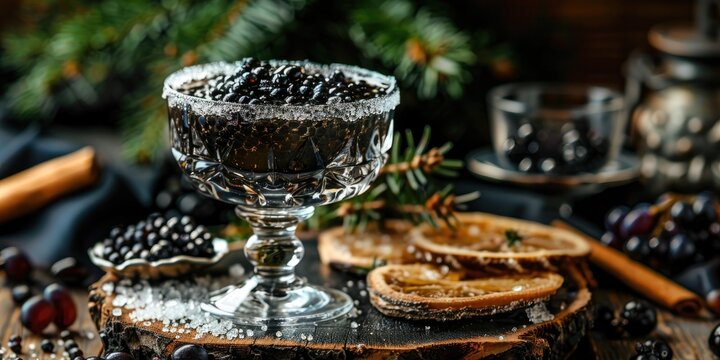 Black sturgeon caviar in a crystal glass with crushed ice and slices of sturgeon balyk on a wooden table