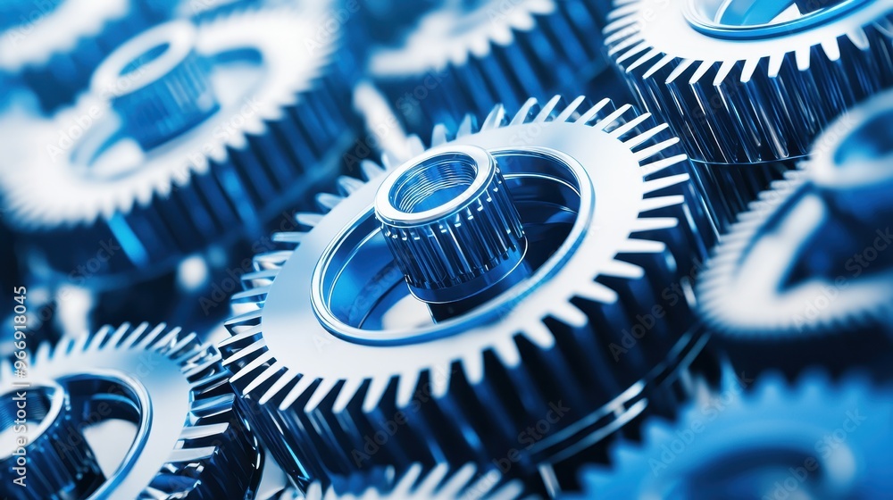 Poster closeup of metallic gears interlocking in a complex mechanism
