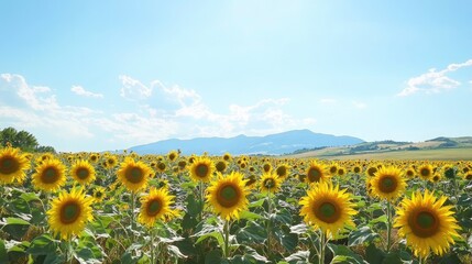Obraz premium A field of sunflowers in full bloom under a bright blue sky, with bees buzzing around and mountains in the distance