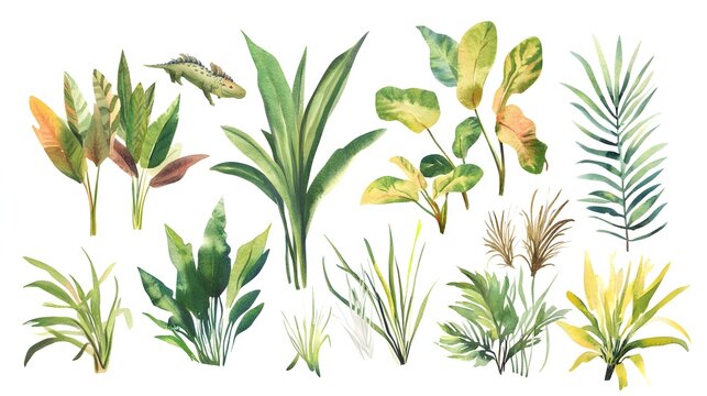 Watercolor illustration of prehistoric tropical plants including leaves grass and bushes Suitable for nursery decor stickers and notebook prints 