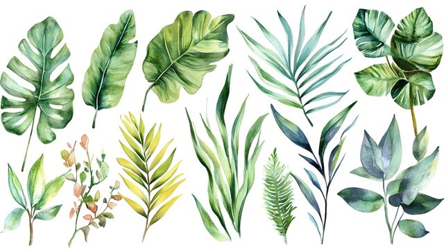 Watercolor illustration of prehistoric tropical plants including leaves grass and bushes Suitable for nursery decor stickers and notebook prints 