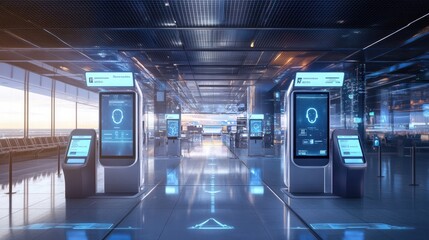A futuristic airport with automated check-in kiosks, facial recognition systems, and virtual assistants