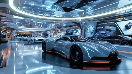 Fototapeta premium A futuristic car showroom with virtual reality displays and holographic car models, showcasing the future of auto sales