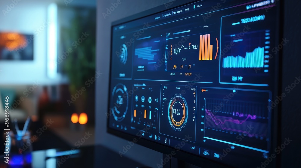 Poster a futuristic dashboard displaying energy data and electricity flow in a smart home environment