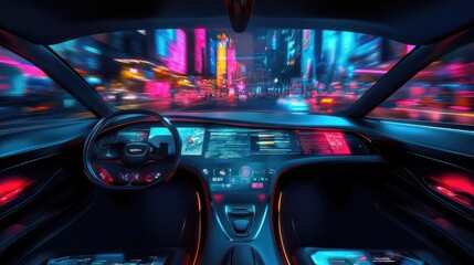 A futuristic concept car interior with augmented reality displays on the windshield, showing navigation and traffic information