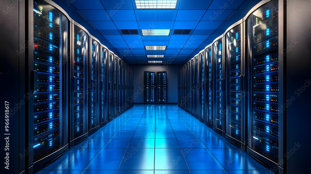 Poster a modern data center with rows of servers illuminated in blue light.