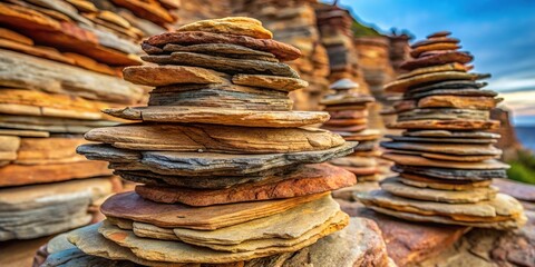 Stack of layered rocks with natural textures and earthy tones perfect for geological or nature related visuals Aerial
