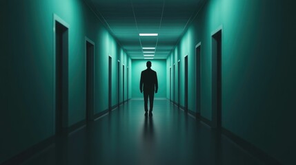 Fototapeta premium A solitary silhouette of a person standing at the end of a long dark and foreboding hallway creating a sense of suspense mystery and unease The dimly lit