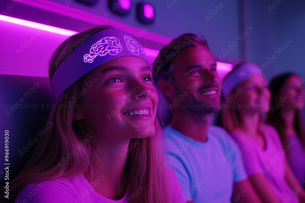 Poster brain support and nurturing family watching a virtual experience symbolizing the blend of technology