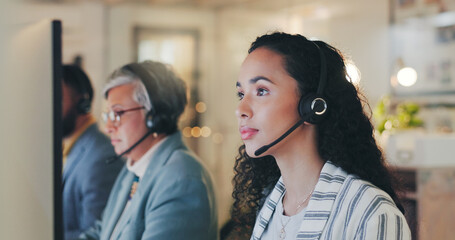 Call center, computer and businesswoman with microphone for support, telemarketing and consulting...