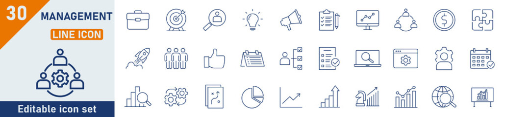 Management line icon set. Set of 30 outline icons related to management, business, success, target, plan and others. Management outline icons collection. Vector illustration.