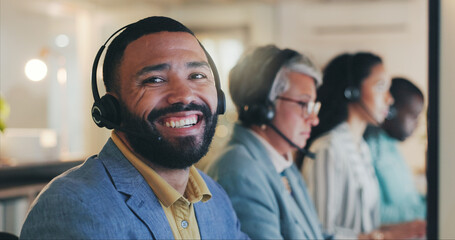 Call center, portrait and businessman with microphone for support, telemarketing and consulting as service. Office, coworking and male advisor with headset for listening, answer questions and helping