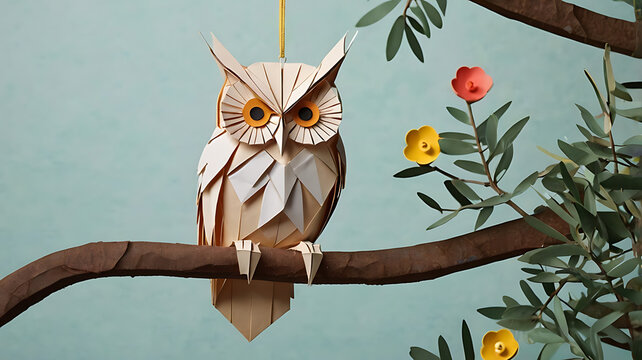 Paper cut-out and origami style owl with folded wings and detailed paper feathers, perched on a simple geometric tree branch