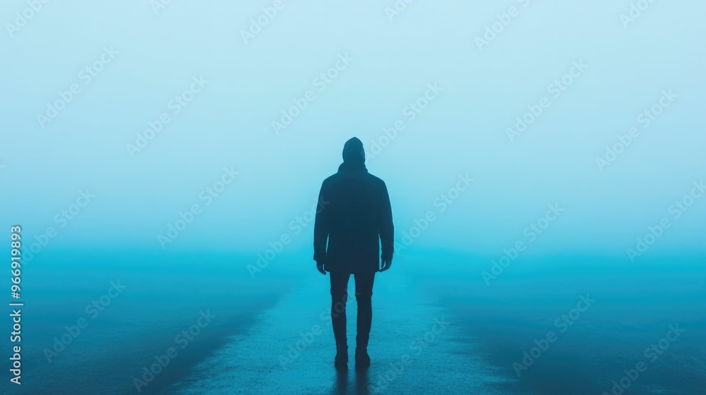 Aufkleber foggy path leading through a remote desolate landscape shrouded in mist and haze creating a sense of