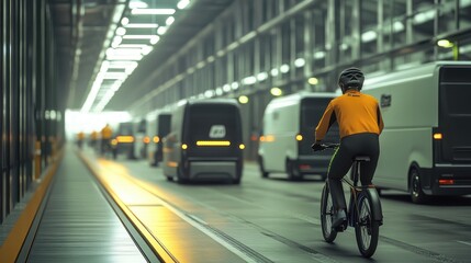 Cyclist in a Futuristic Factory Warehouse Interior