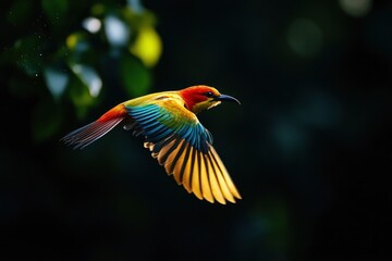 Tropical bird in flight, bird photography, award-winning, vivid colors, sharp leaves dark background, fast shutter speed with generative ai