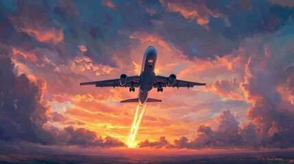 Fototapeta premium A horizontal view of a plane taking off into a dramatic sky with sunset colors, leaving a trail behind