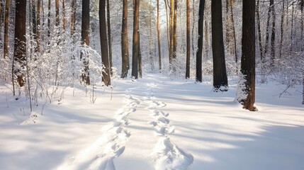 A horizontal view of a snow-covered path in a winter forest, with footprints leading through the trees