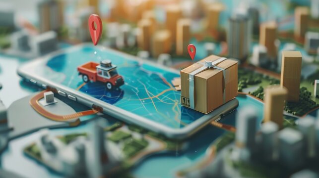 A package box sits on top of a smartphone screen, while small brown cardboard boxes surround it, adding depth to the scene.