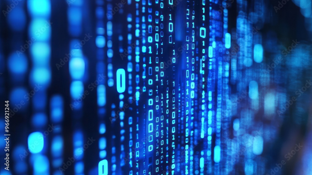 Poster Blue digital binary data on computer screen banner
