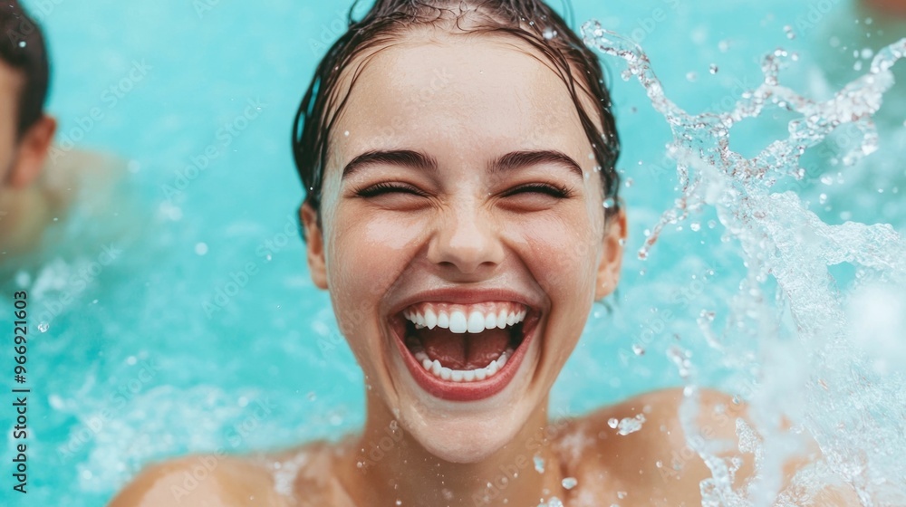 Poster a group of friends playfully splashing each other and erupting in laughter as they enjoy a fun fille