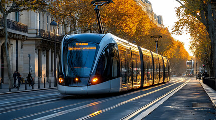 Obraz premium A modern tram travels along a tree-lined street during sunset.