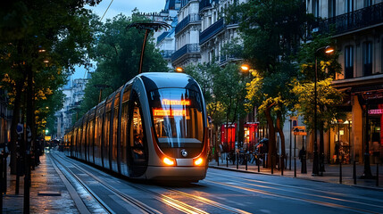 Obraz premium A modern tram travels along a tree-lined street in a city during twilight.