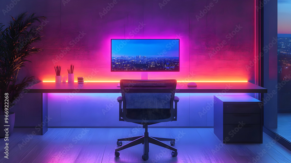Poster a modern workspace with a vibrant monitor setup and ambient lighting.