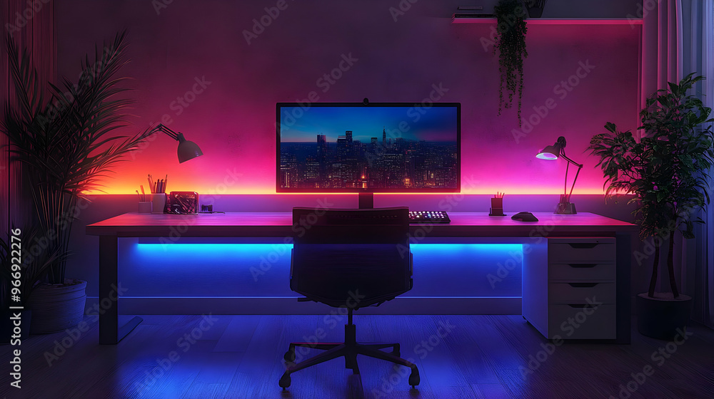 Poster a modern workspace with ambient lighting and a computer setup.