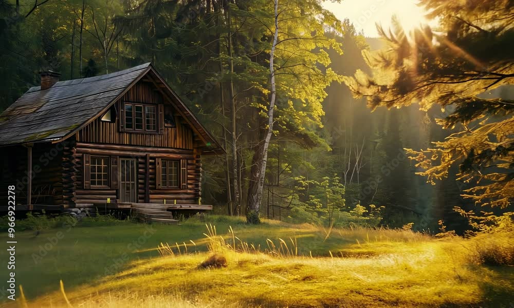 Poster rustic cabin in forest clearing at sunset with warm light filtering through trees