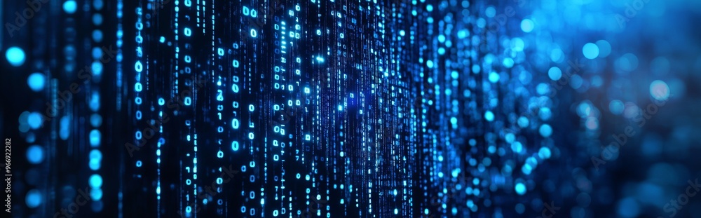 Poster Blue digital binary data on computer screen banner