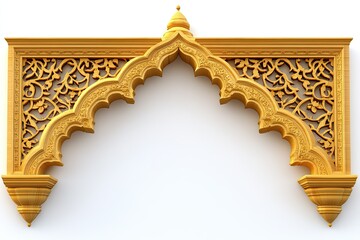 yellow teak wooden islamic ornament with large arch and small arches and elegant carvings and royal style on white background 