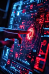 Finger Interacting with a Glowing Red Interface on a Futuristic Device