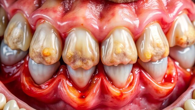 "Oral cavity shows signs of pyorrhea, a chronic periodontal disease characterized by pus-filled pockets around teeth, gum recession, and inflamed red gums."