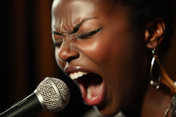 Close-up of a vocalist's intense expression during a performance