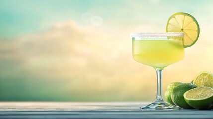 Refreshing Summer Cocktail with Lime on Wooden Table