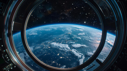 Fototapeta premium View of Earth from Space through a Window. This captivating image showcases Earth as seen from space, framed beautifully by a spacecraft window.