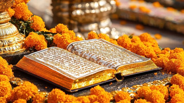 Golden Holy Book Surrounded by Marigold Flowers