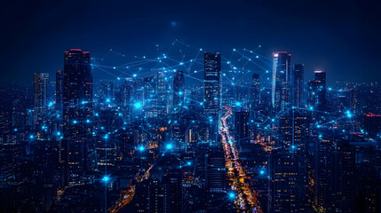 Fototapeta premium A nighttime cityscape illuminated with blue digital connections, symbolizing technology and networking.