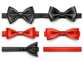 A set of six realistic black and red bow ties isolated on a white background. The bow ties are perfect for adding a touch of elegance to any design.
