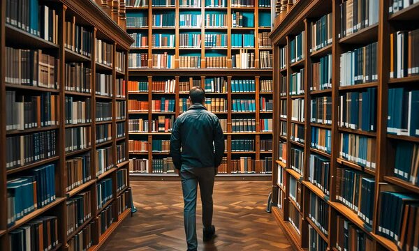 Person standing in library with towering bookshelves