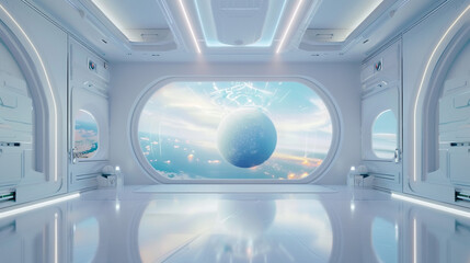 Futuristic Interior with Panoramic View of a Celestial Body. A sleek, futuristic room featuring large windows overlooking a stunning blue celestial sphere amidst a dreamy on blue sky.