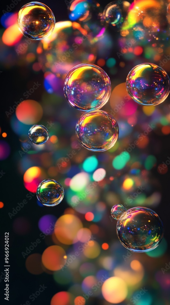 Poster Soap bubbles against colorful bokeh background