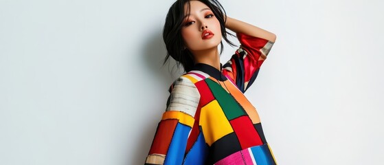 Asian woman wearing a patchworkstyle dress in bold colors, posing against a bright white backdrop, modern highfashion concept