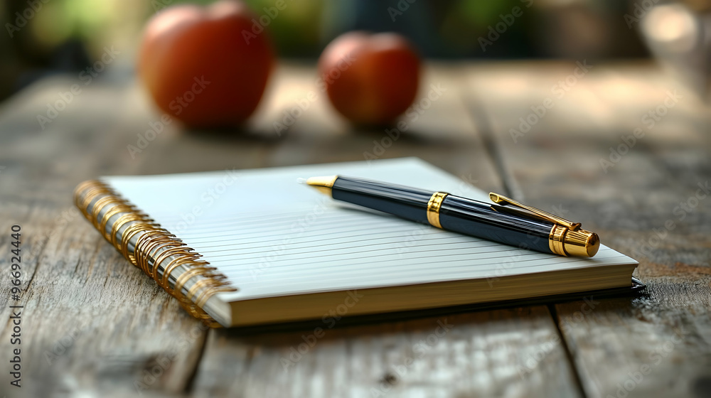 Poster a pen and notebook on a wooden table with apples in the background.